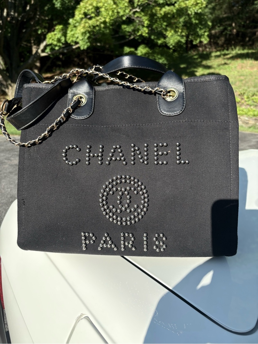 Deauville Black Studded Canvas Tote Bag Novelty Very Nice 13” x 11”
